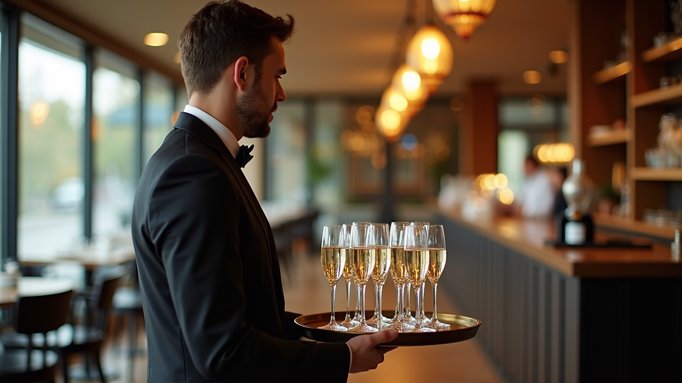Eye-level view of a waiter holding a tray with champagne glasses