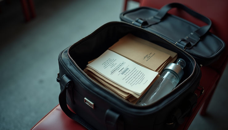 High angle view of a cluttered actor’s bag with scripts, water bottle, and rehearsal notes