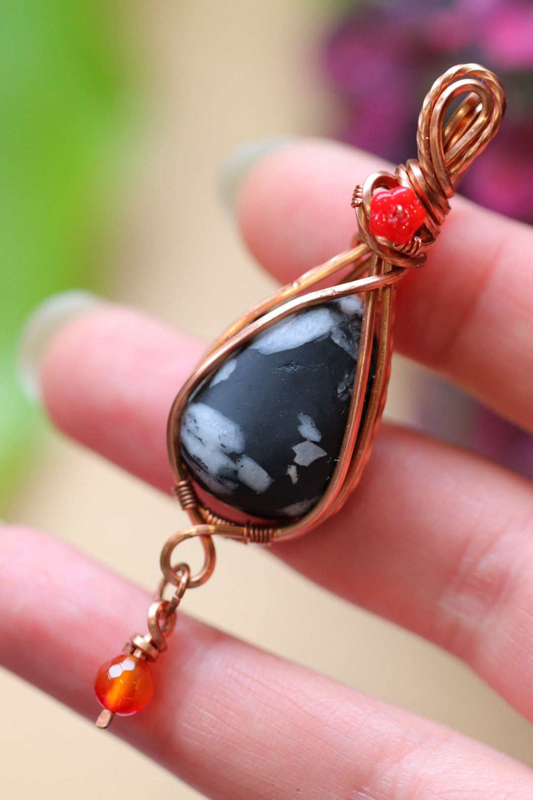 Matte Snowflake Obsidian & Carnelian Pendant in Copper