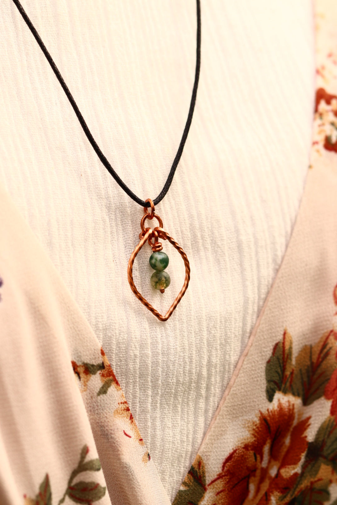 Green Fancy Jasper Leaf Pendant in Twisted Copper