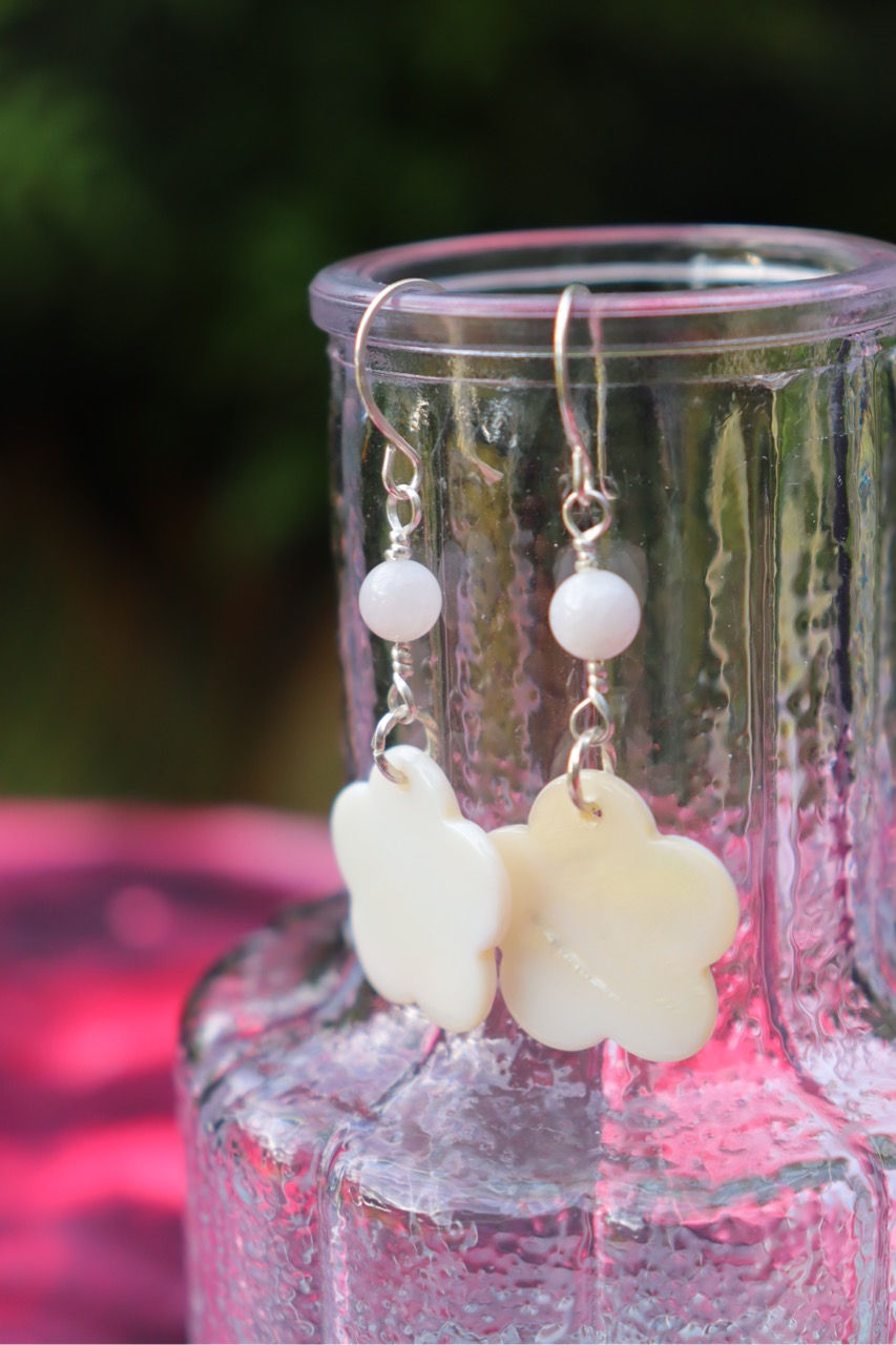 Thumbnail: Mother of Pearl & Rainbow Moonstone Earrings in .925 Sterling Silver