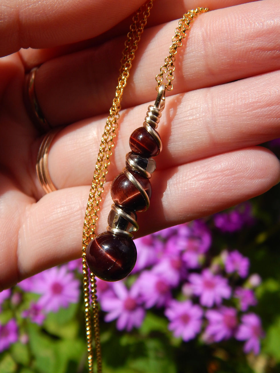 Thumbnail: Blue, Red, or Gold Tigers Eye & Czech Glass Potion Pendant in 12k Gold-Fill