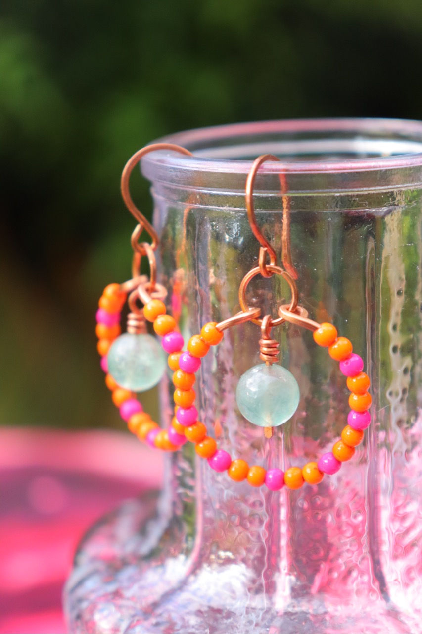 Thumbnail: Orange & Hot Pink Round Glass Earrings with Green Fluorite in Pure Copper
