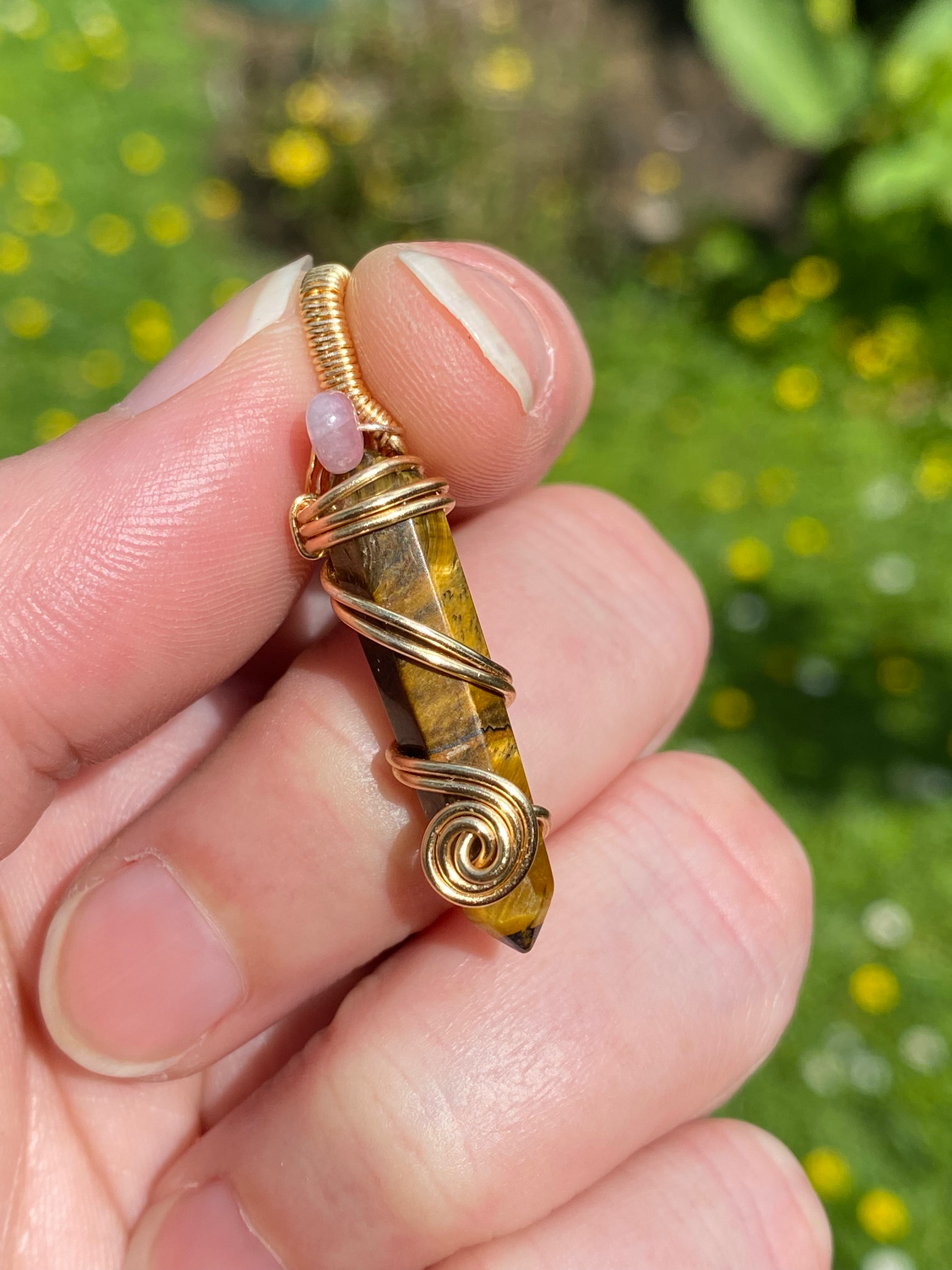 Double Terminated Tigers Eye with Pink Tourmaline Pendant in Gold Copper