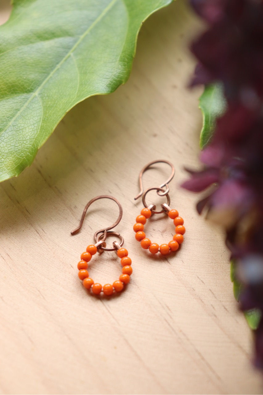 Thumbnail: Orange Round Glass Earrings in Pure Copper