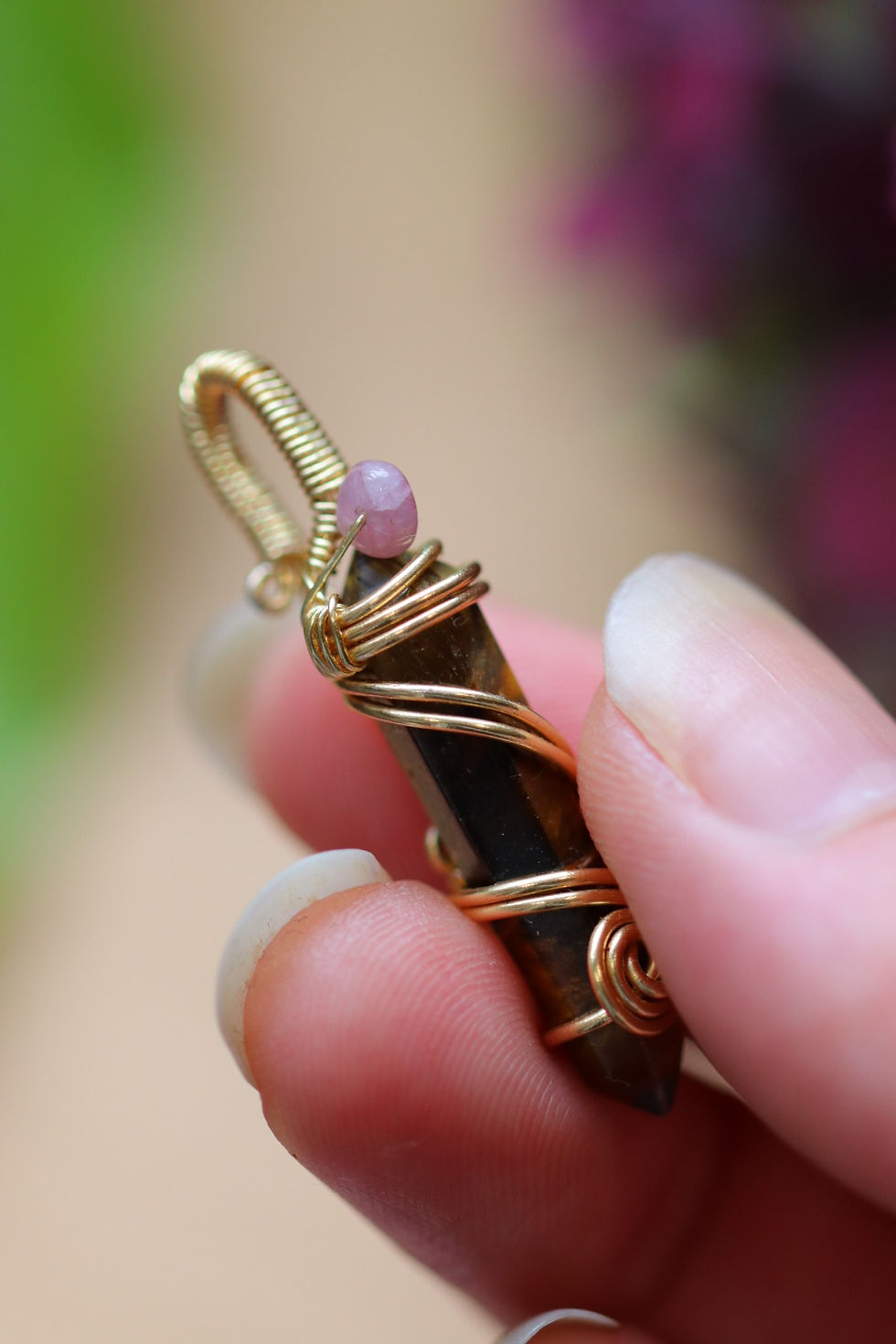 Thumbnail: Double Terminated Tigers Eye with Pink Tourmaline Pendant in Gold Copper