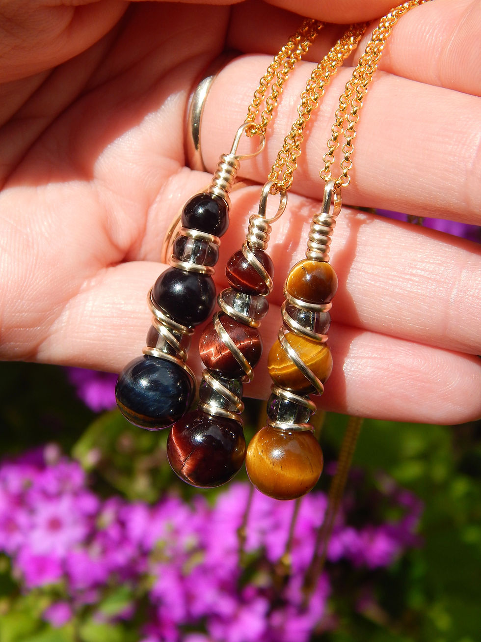 Thumbnail: Blue, Red, or Gold Tigers Eye & Czech Glass Potion Pendant in 12k Gold-Fill