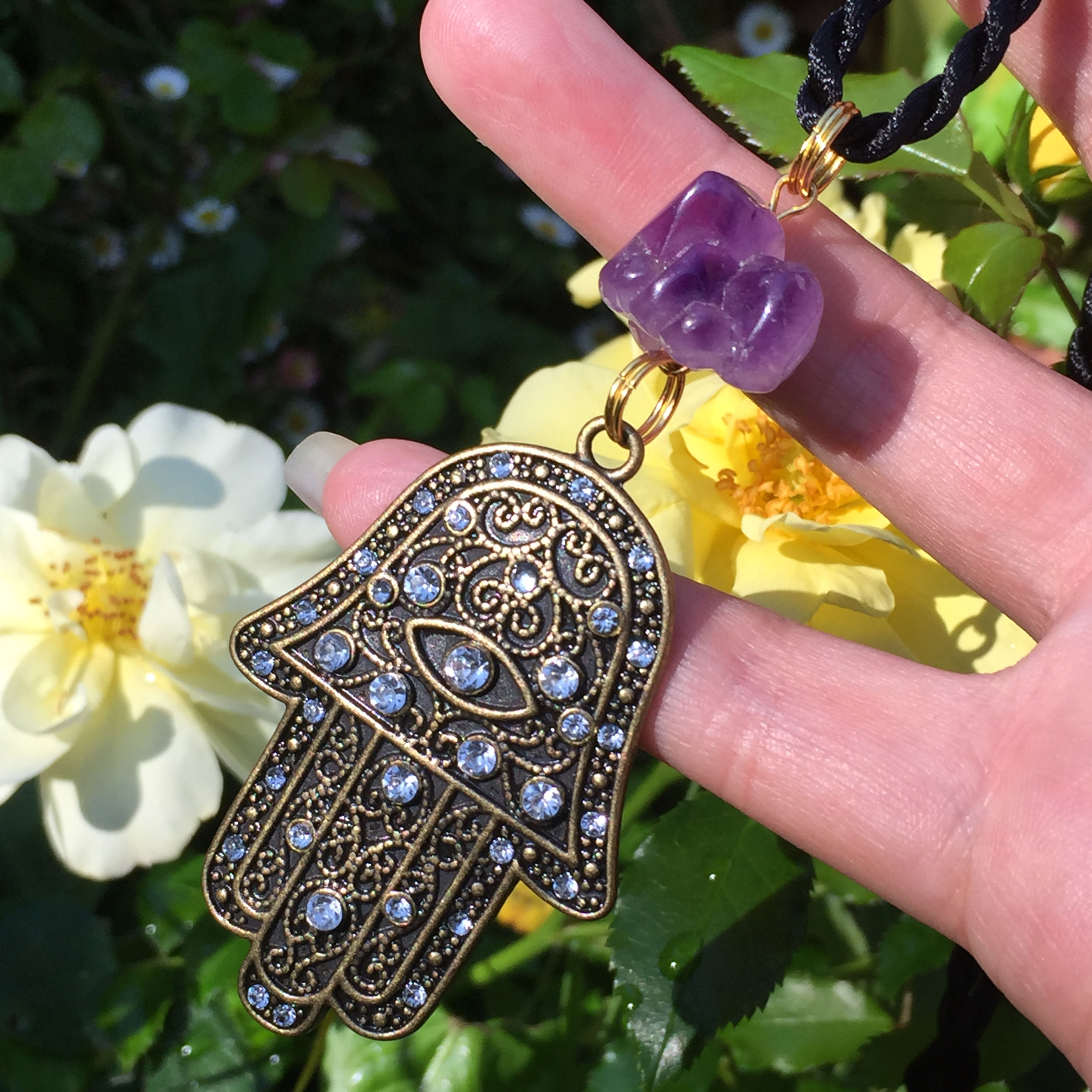 Hamsa Hand with Amethyst Chunk in Antique Bronze