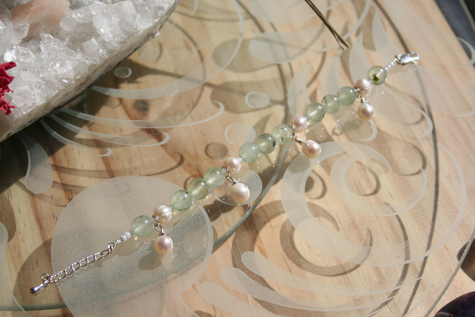 Thumbnail: Prehnite & Pearls in Argentium & Sterling Silver