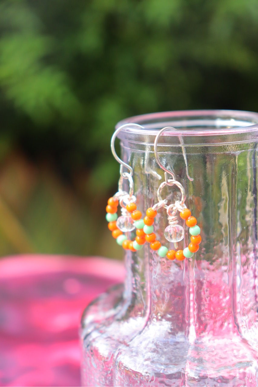 Thumbnail: Orange & Green Round Glass Earrings with Clear Quartz in .925 Sterling Silver