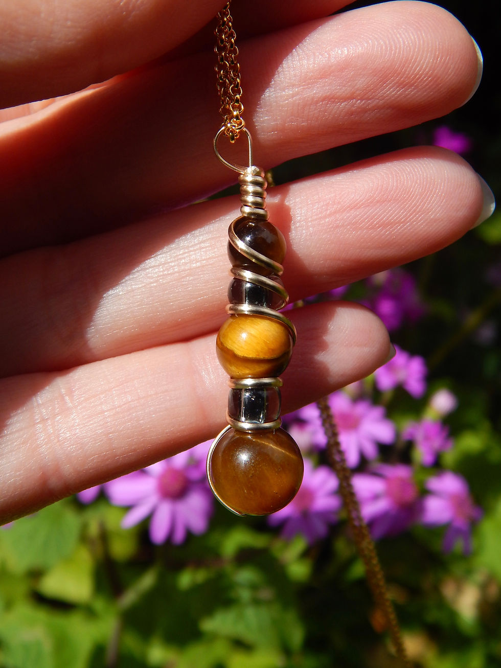 Thumbnail: Blue, Red, or Gold Tigers Eye & Czech Glass Potion Pendant in 12k Gold-Fill