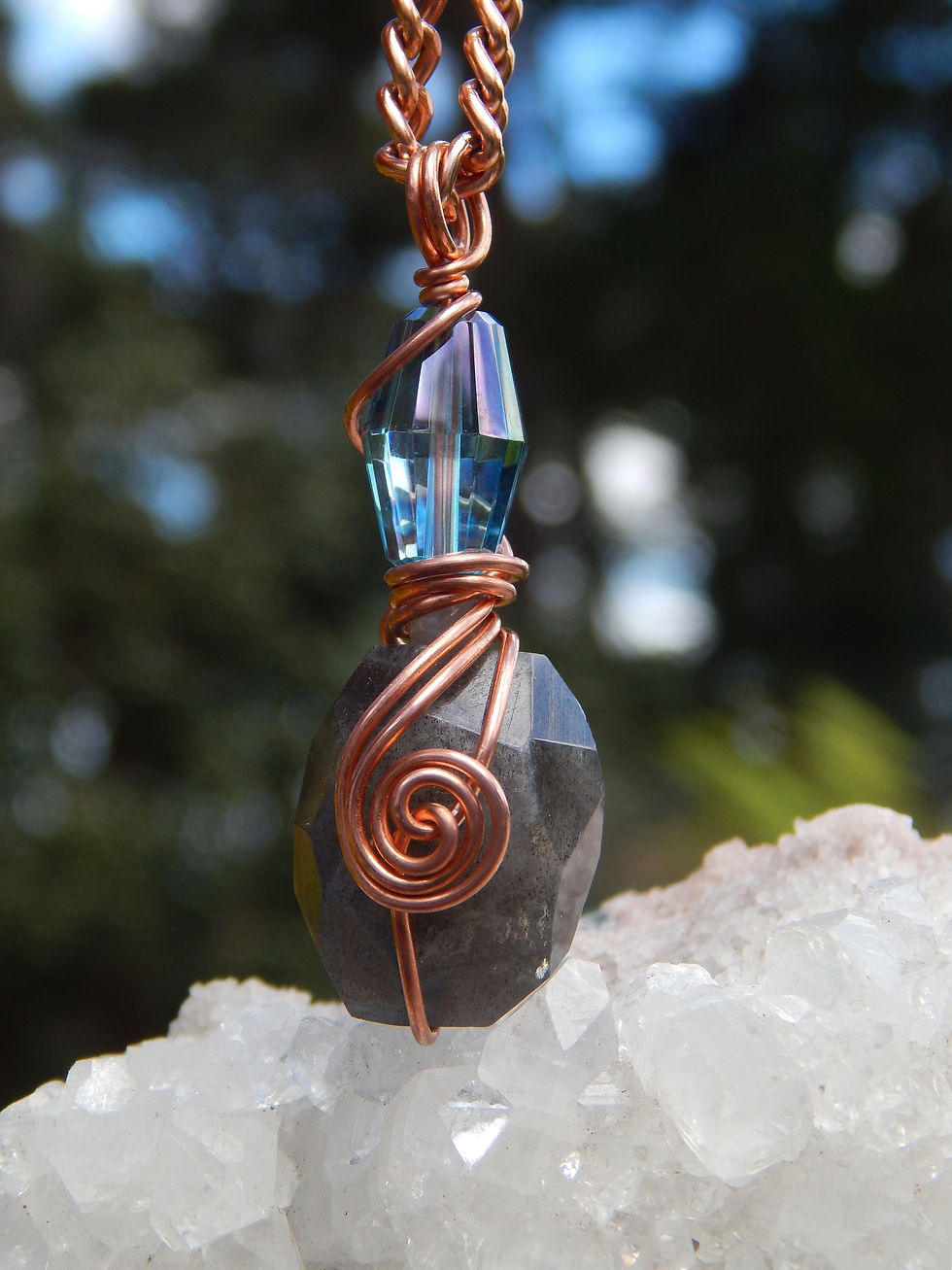 Faceted Aqua Aura Quartz & Labradorite in Copper