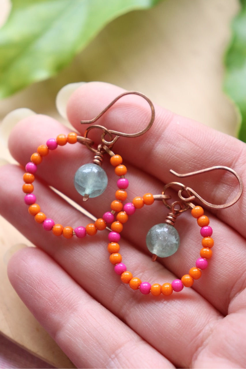 Thumbnail: Orange & Hot Pink Round Glass Earrings with Green Fluorite in Pure Copper
