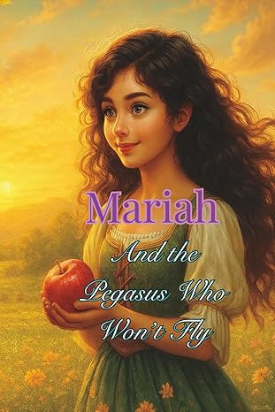 A whimsical illustration of a young girl with long curly dark hair holding a red apple, standing in a golden field at sunset.