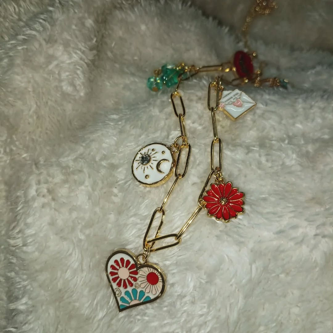 Red-White-Teal Paperclip Charm Necklace