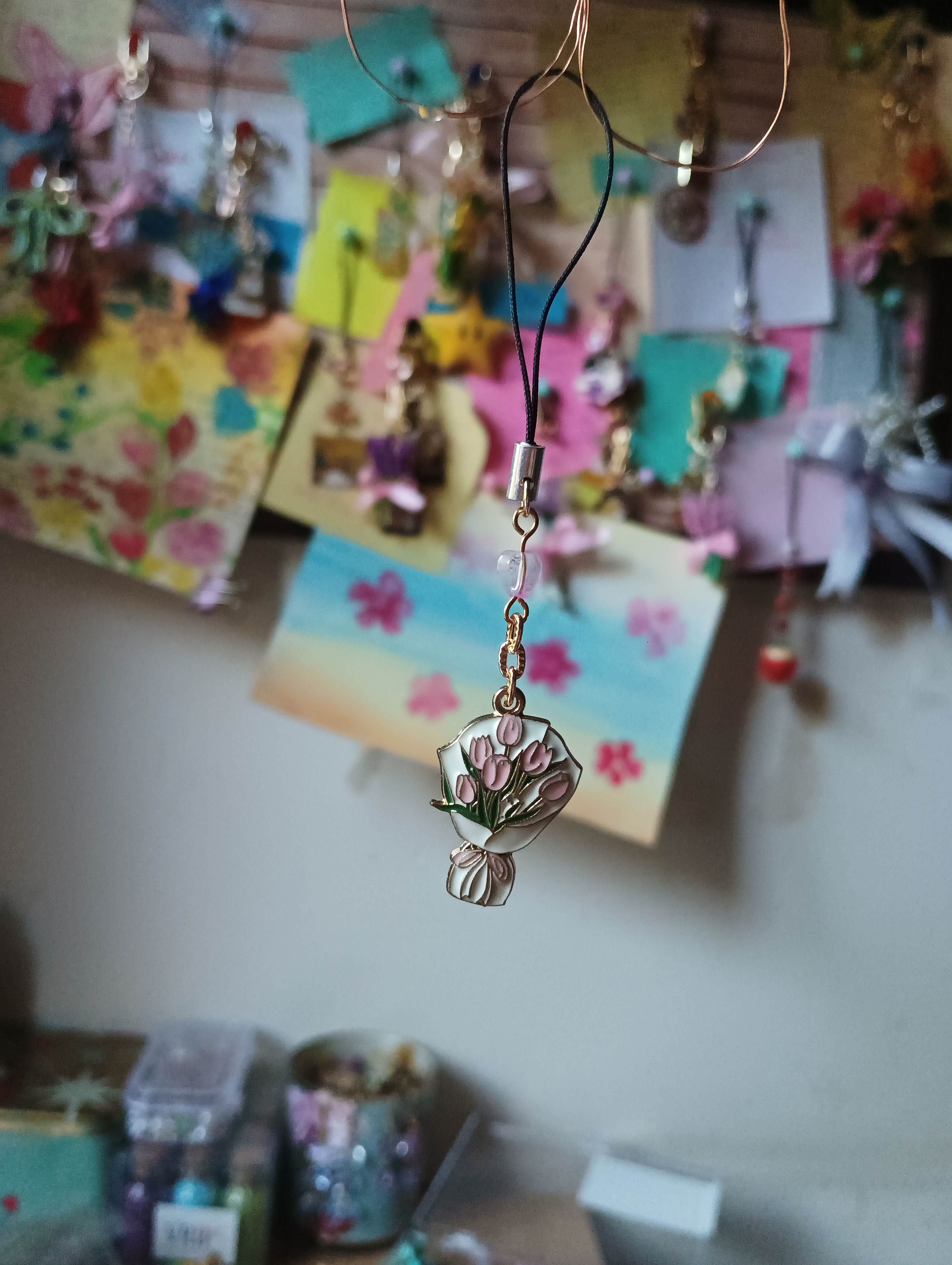 Tulip Bouquet and Heart Enamel  Phone Charm