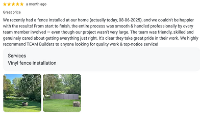 5-star Google review for TEAM Builders Fence Installer in Cedar Falls, Iowa