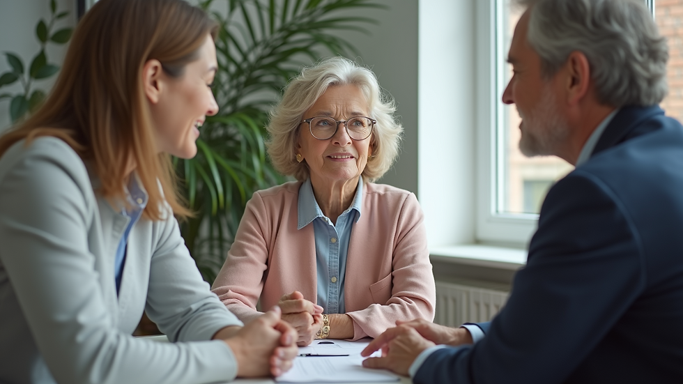 Eye-level view of a senior woman discussing long term care options with an insurance agent