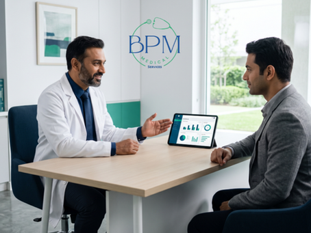 A doctor in a white coat discusses health data with a patient at a modern office table, using a tablet displaying charts.