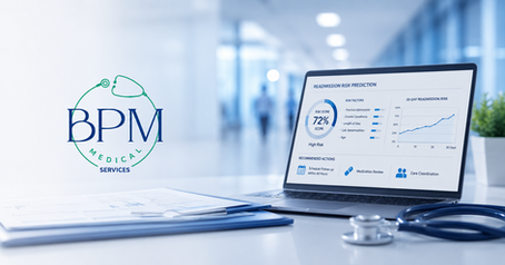 A laptop displays a medical readmission risk prediction dashboard on a desk with documents and a stethoscope; the BPM Medical Services logo appears on the left.