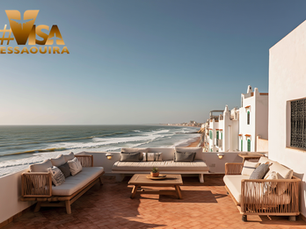 Terrasse d'appartement avec vue sur l'océan Atlantique et logo Visa Essaouira