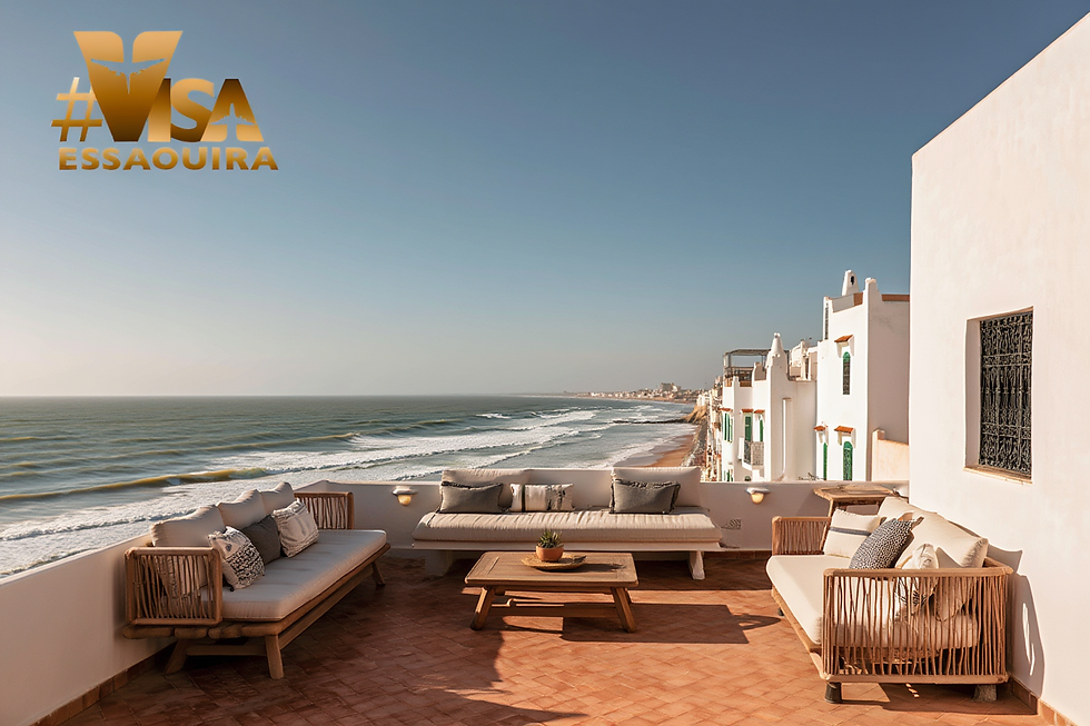 Terrasse d'appartement avec vue sur l'océan Atlantique et logo Visa Essaouira