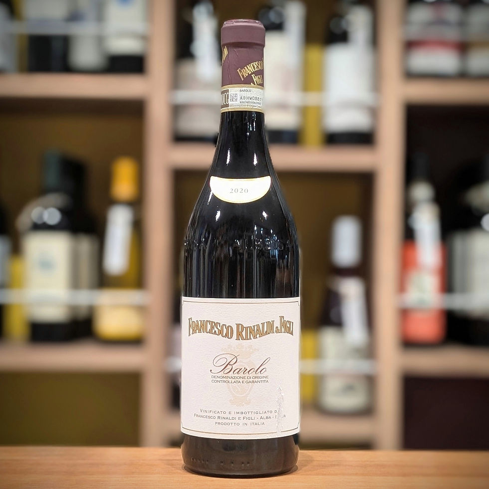ラ・モッラ、バローロ、カスティリオーネ・ファレットの3村のブドウをブレンドし、大樽で3年間熟成させた伝統的スタイルの「フランチェスコ リナルディ バローロ 2020年」のボトル画像。