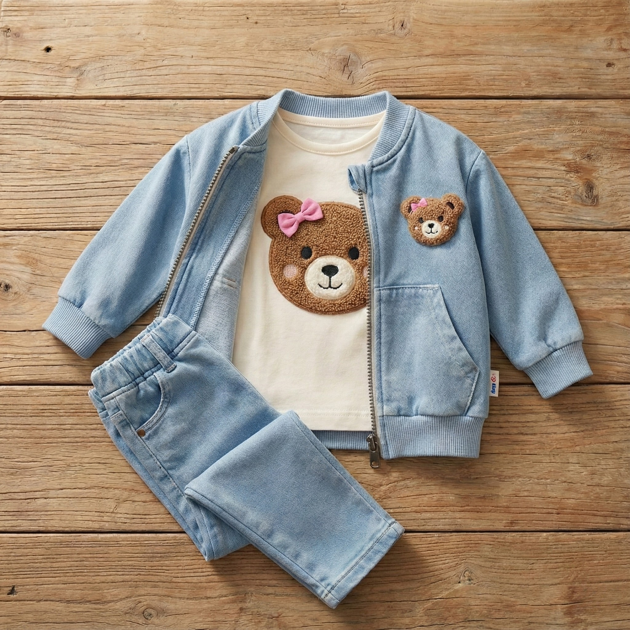 Kız Bebek Mevsimlik 3 Parça Alt Üst Takım - Ayıcık Nakışlı Mavi