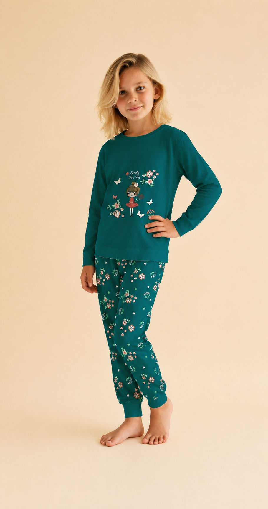 Küçük resim: Kız Çocuk %100 Pamuklu Flower Desenli Pijama Takımı