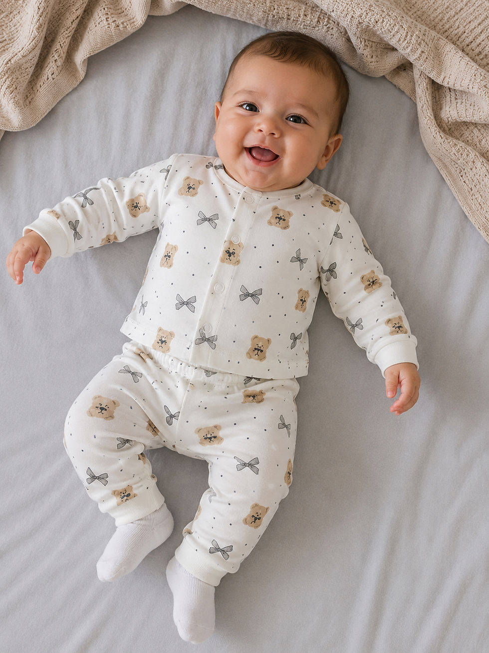 Küçük resim: Bear Fiyonk Desenli %100 Pamuklu Çıtçıtlı Bebek Pijama Takımı