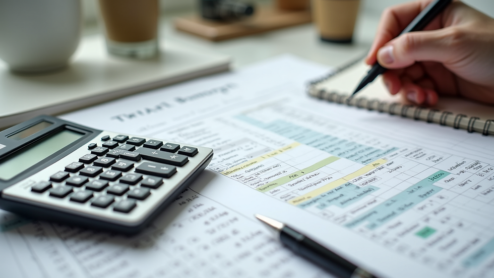 High angle view of a bathroom renovation budget plan with calculator and notes