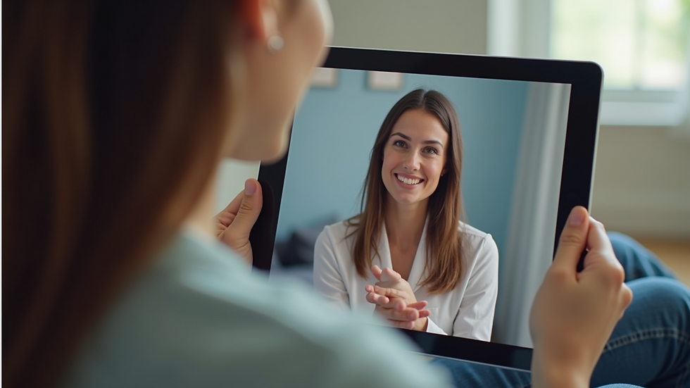 Close-up view of a person holding a tablet showing a video call with a therapist