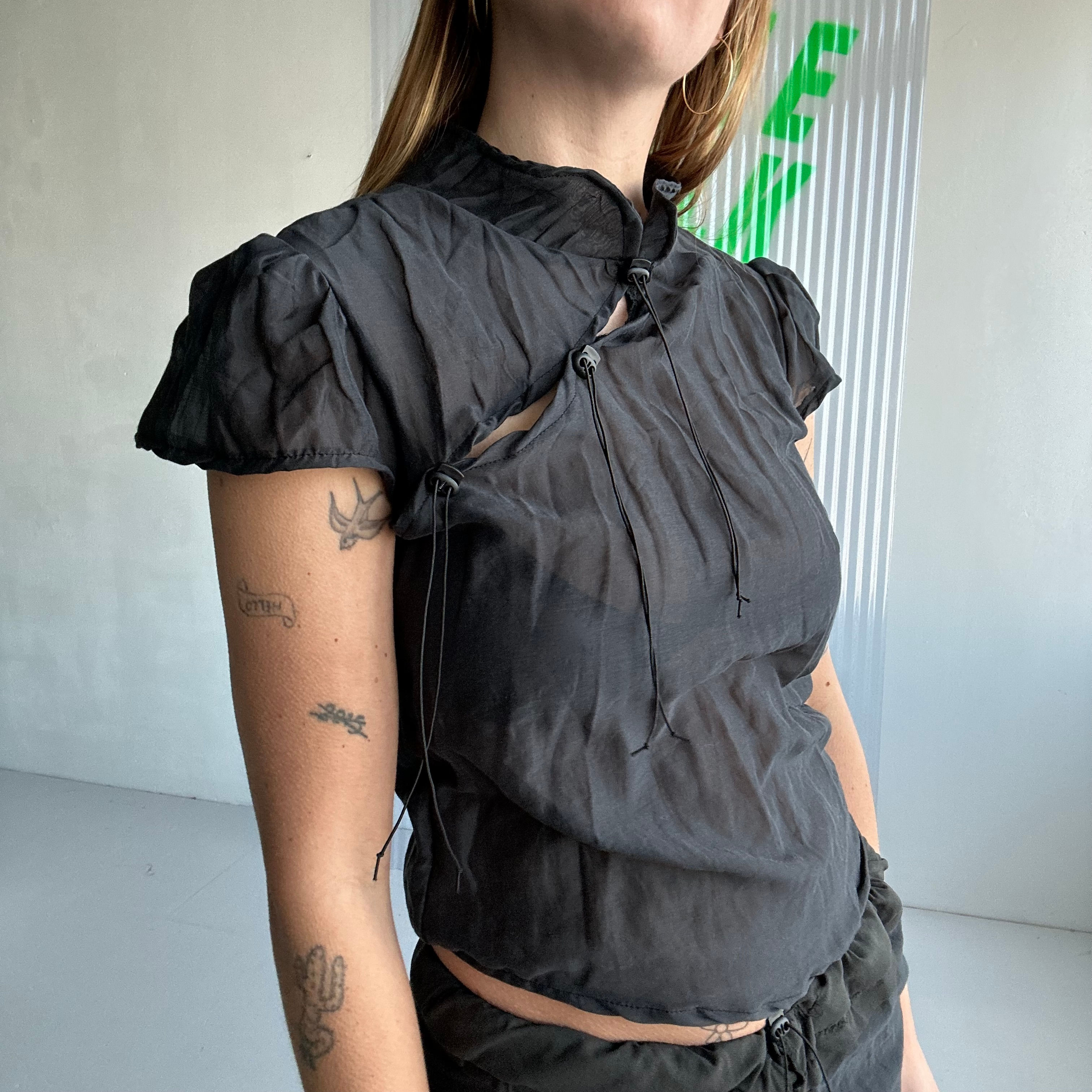 sheer wrinkled drawstring top