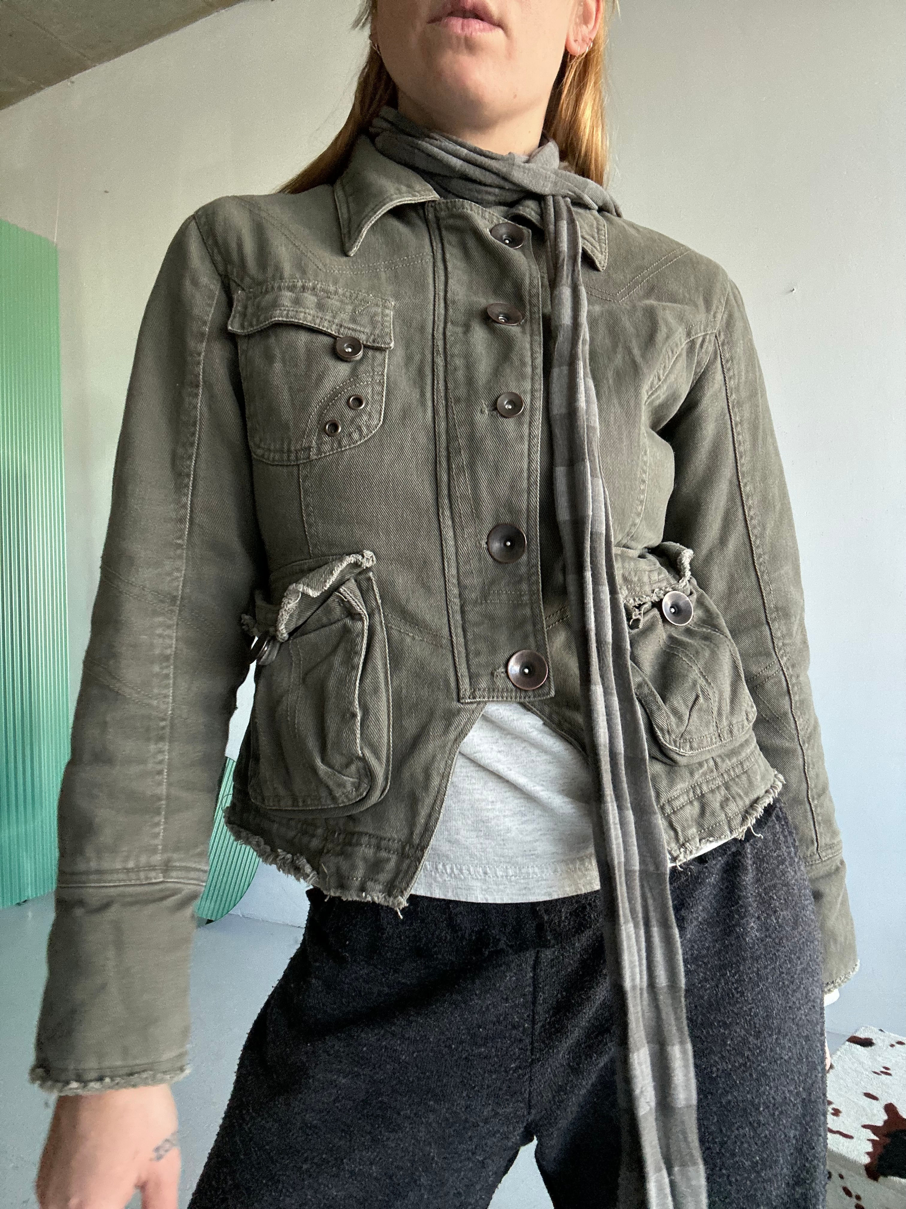 distressed padded cargo jacket military style green
