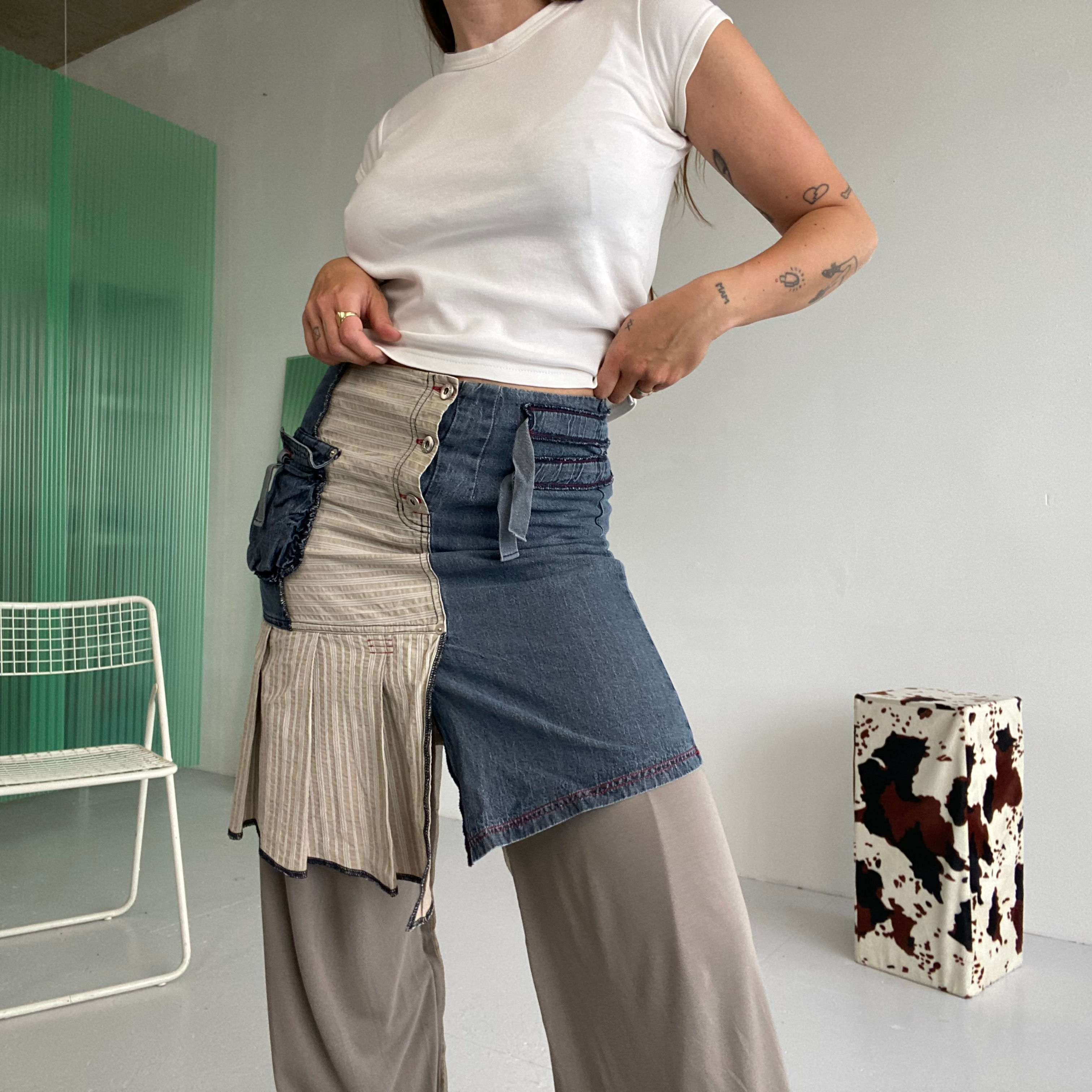 asymmetric mixed fabric skirt 