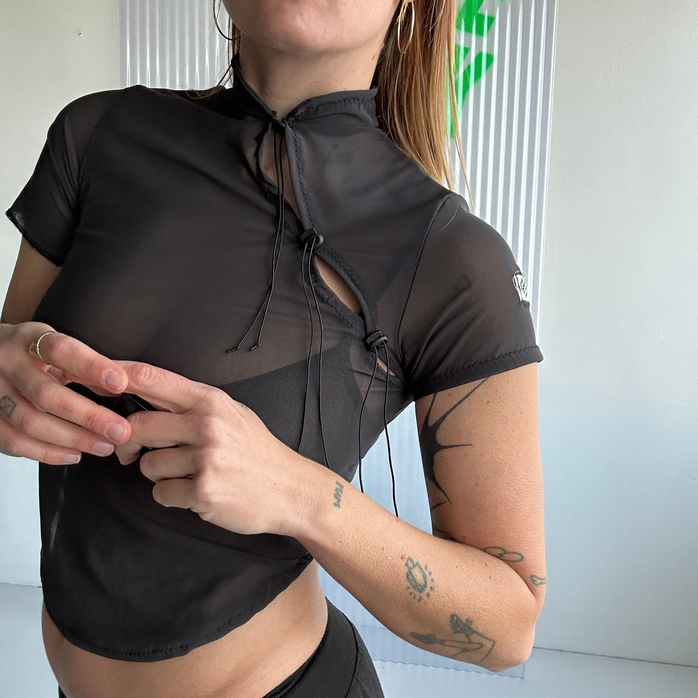 sheer mesh drawstring top