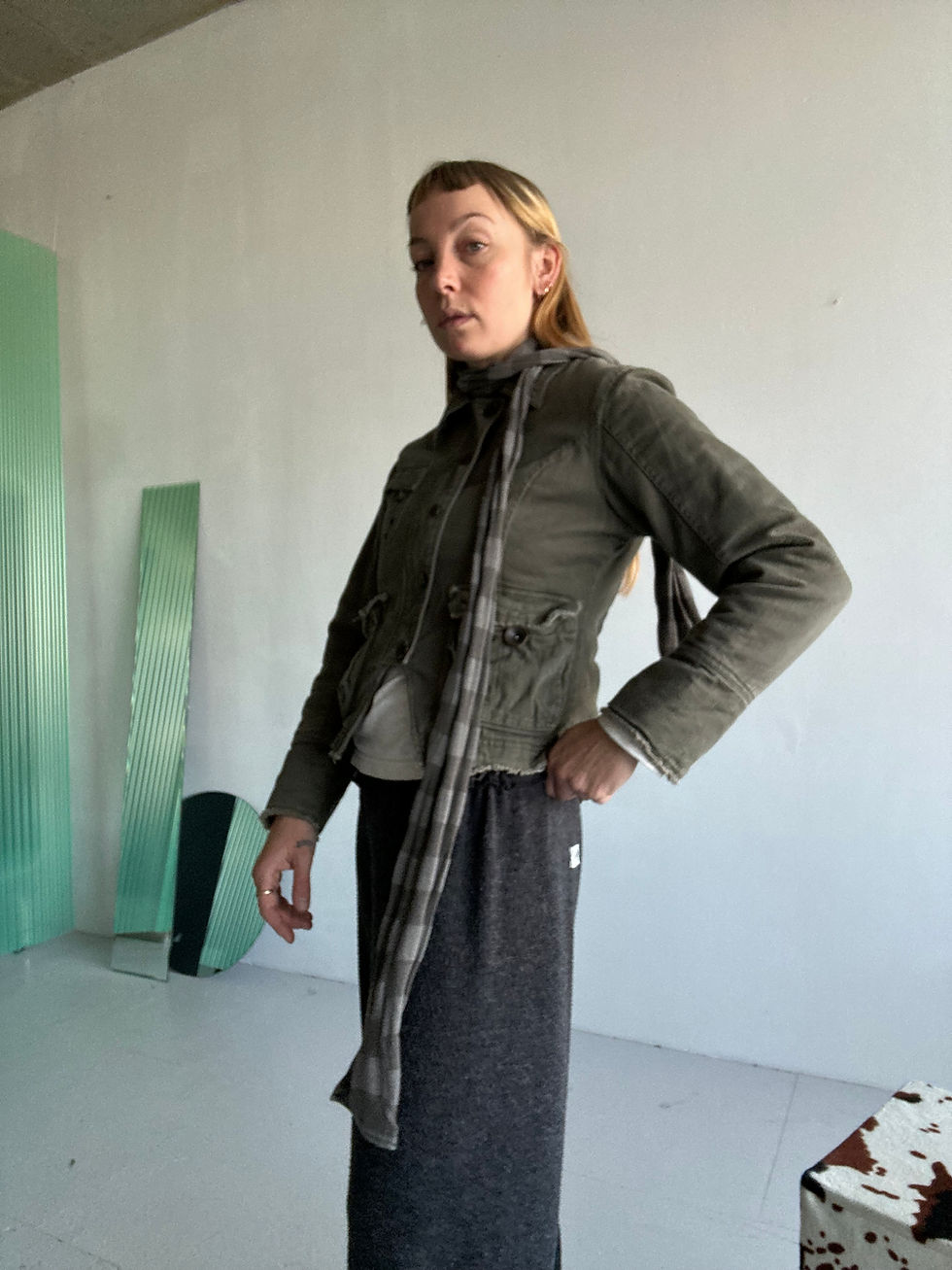 Thumbnail: distressed padded cargo jacket military style green