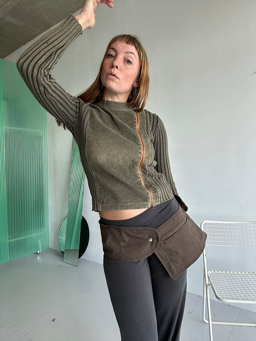 Thumbnail: asymmetric mixed fabric cardigan