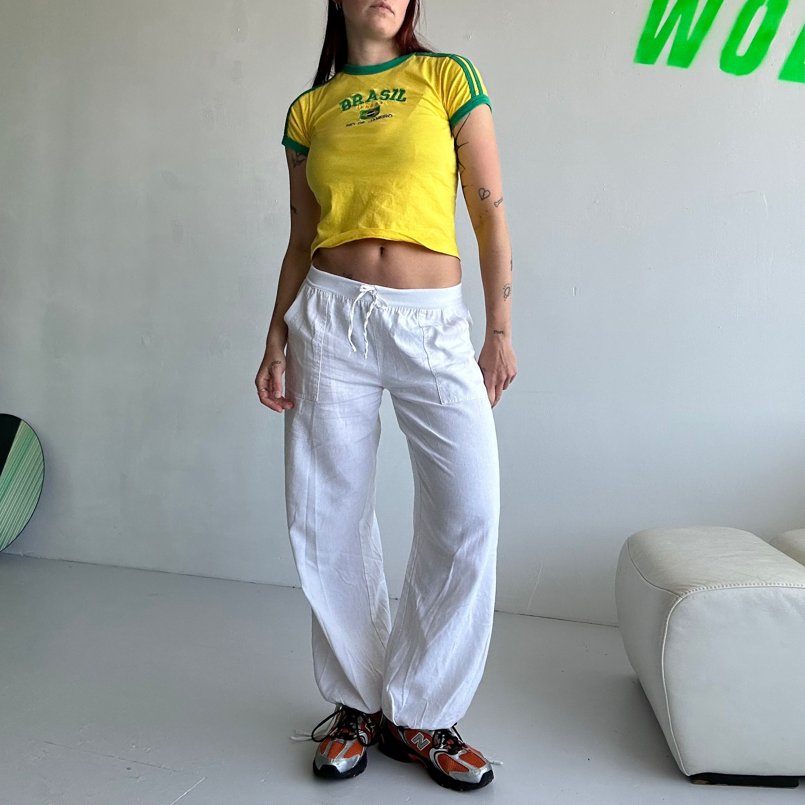 low waist baggy linen trousers white