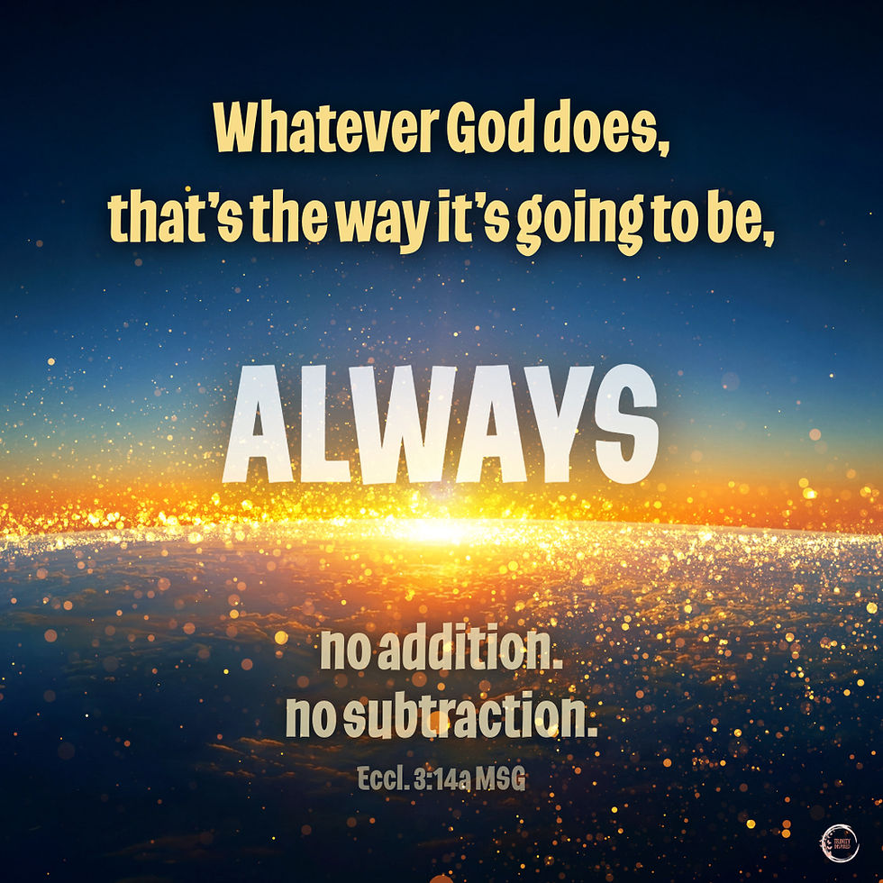 Whatever God does, that’s the way it’s going to be, always. No addition, no subtraction.
Eccl. 3:14a MSG