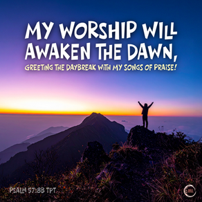 My worship will awaken the dawn, greeting the daybreak with my songs of praise!
‭‭Psalms‬ ‭57‬:‭8b‬ ‭TPT