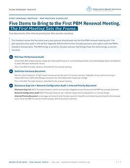 First Renewal Meeting Pre-Meeting Checklist, page one of the PBS plan sponsor checklist to settle before a PBM renewal meeting.