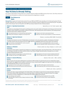 Mid-Year Claims Red Flag Checklist, first page of the PBS plan sponsor checklist of five pharmacy claim patterns to catch before renewal.