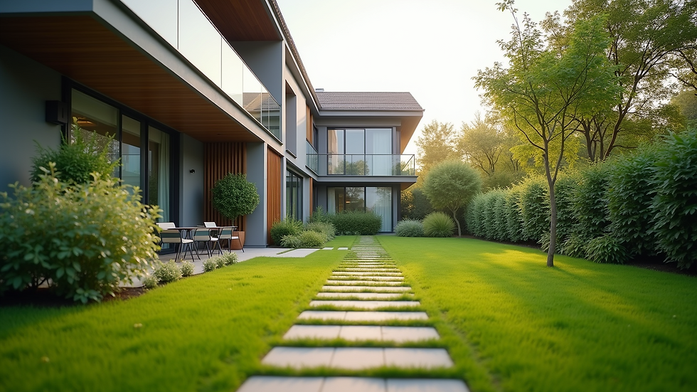 Eye-level view of a modern residential property with a well-maintained garden