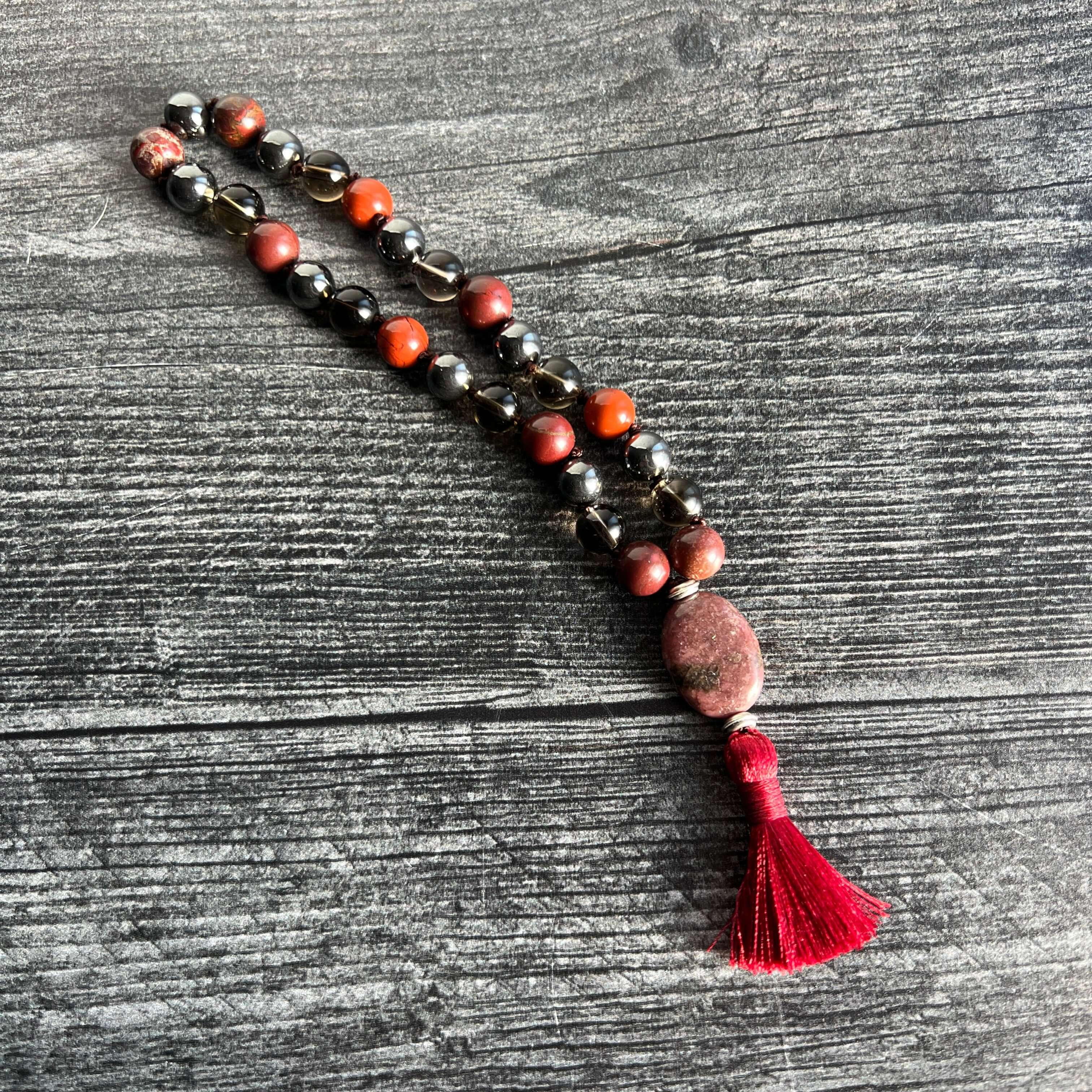 Root Chakra Meditation Wrist Mala - Red Jasper, Hematite, Smoky Quartz