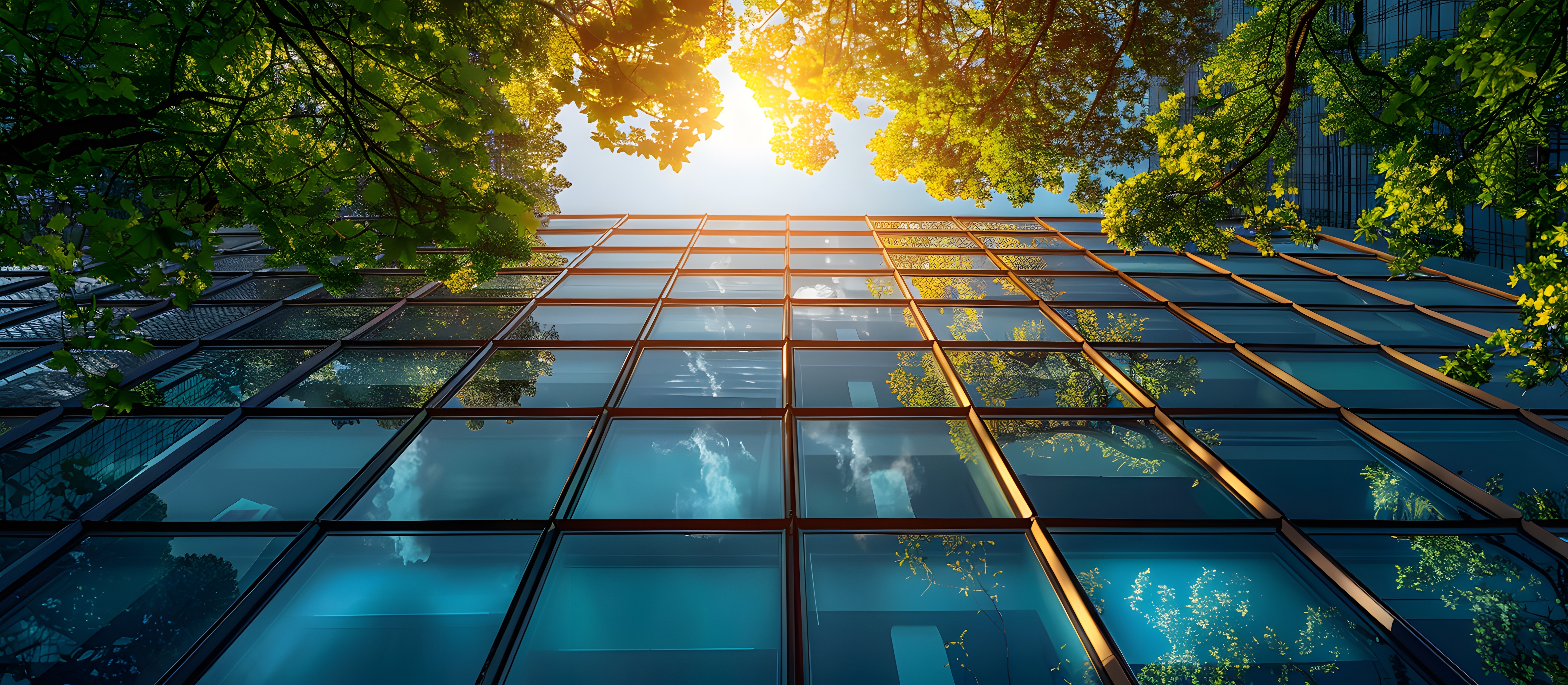 Sustainable glass office building with trees for reducing carbon dioxide. Eco-friendly bui