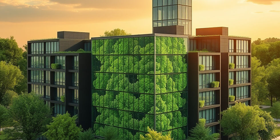 LEED sertifikasyonu ve yeşil bina tasarımı temasını temsil eden yapay zekâ ile oluşturulmuş modern bina görseli.