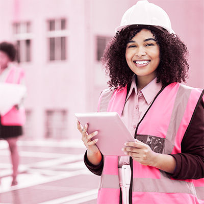 A young woman in a hard hat and protective workwear viewing project details on a construction site