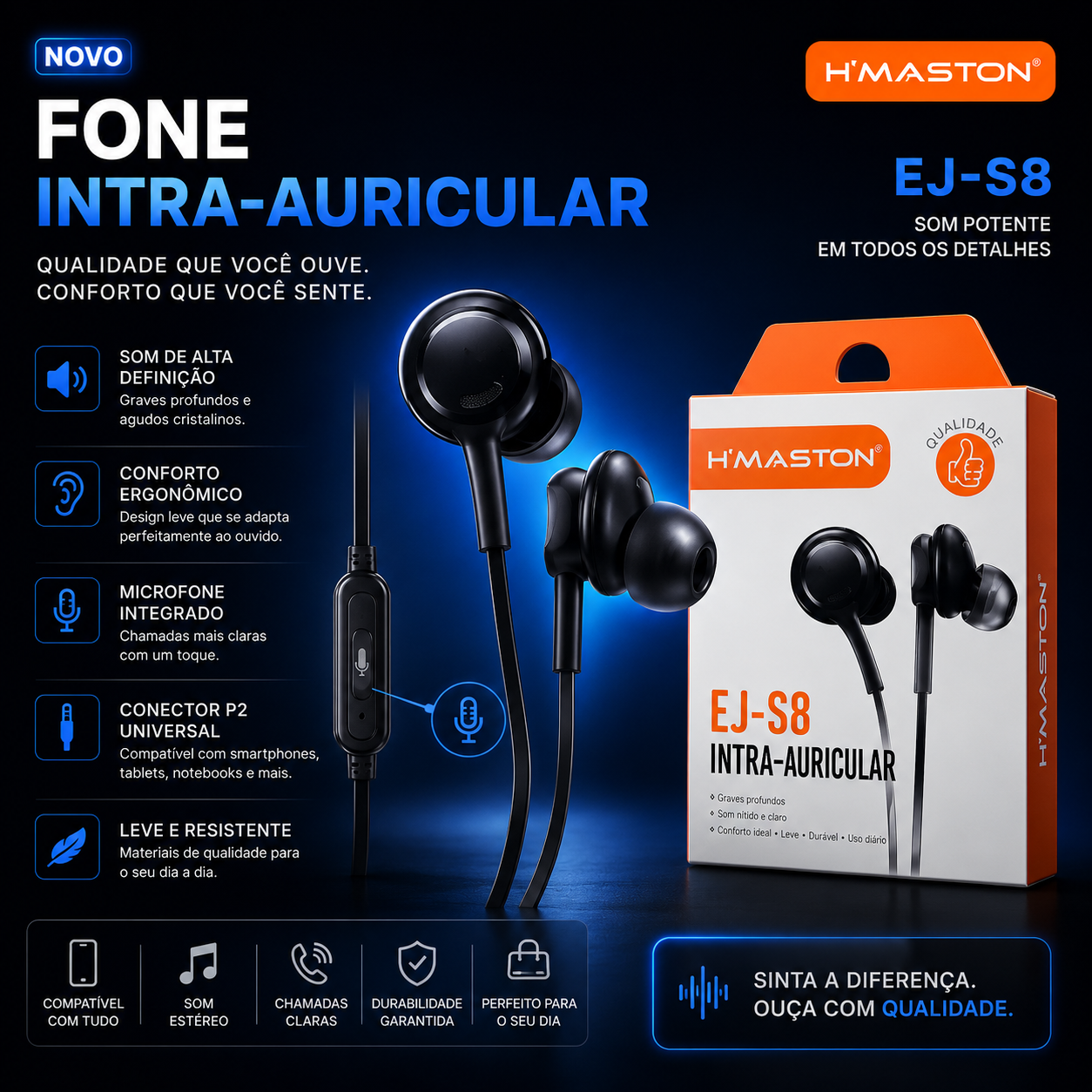 Fone H'maston preto, cabo 1,2m