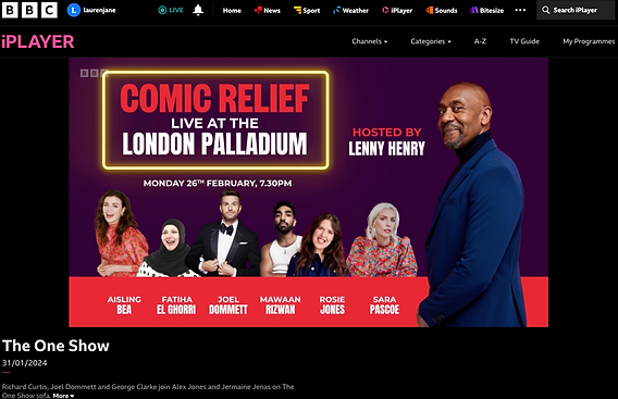 Screenshot of BBC iPlayer featuring the One Show titled "Comic Relief at the Live London Palladium".